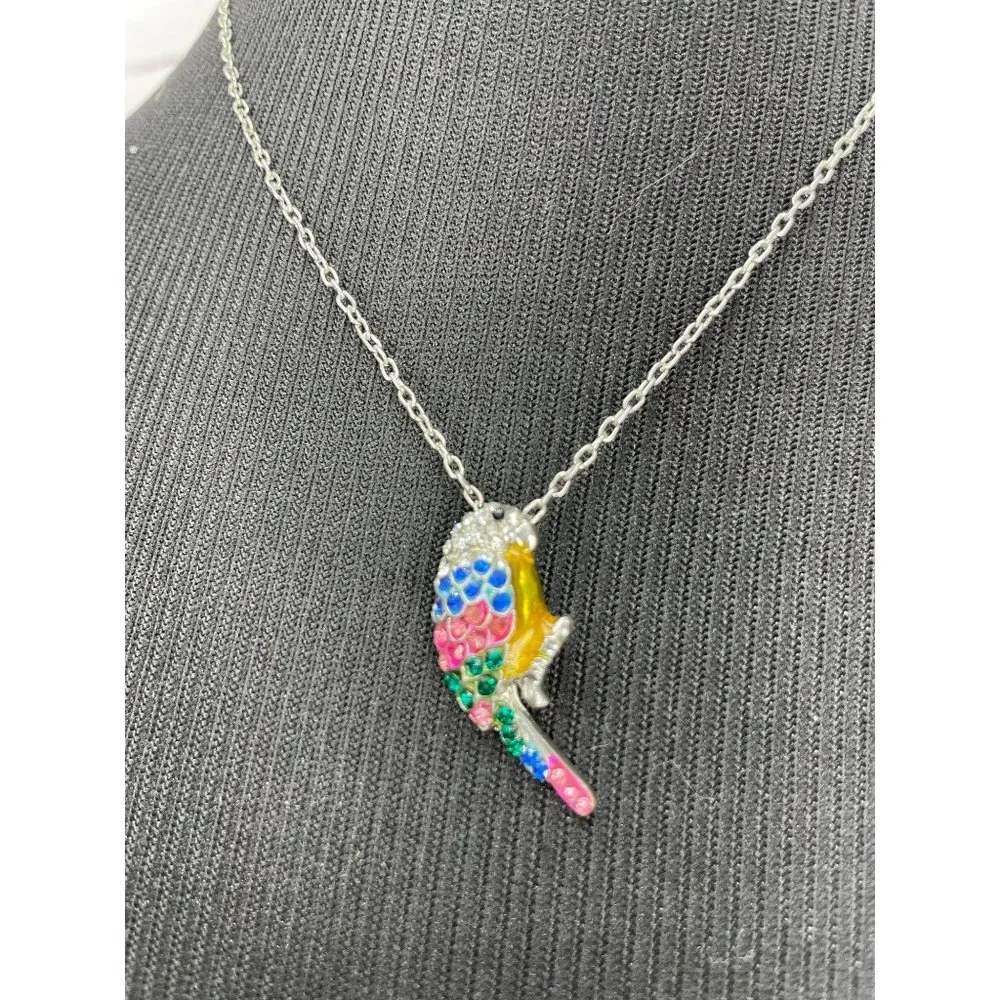 Girl's Tropical‎ Rainbow Gemstone Silver Parrot Pendant Fashion Necklace